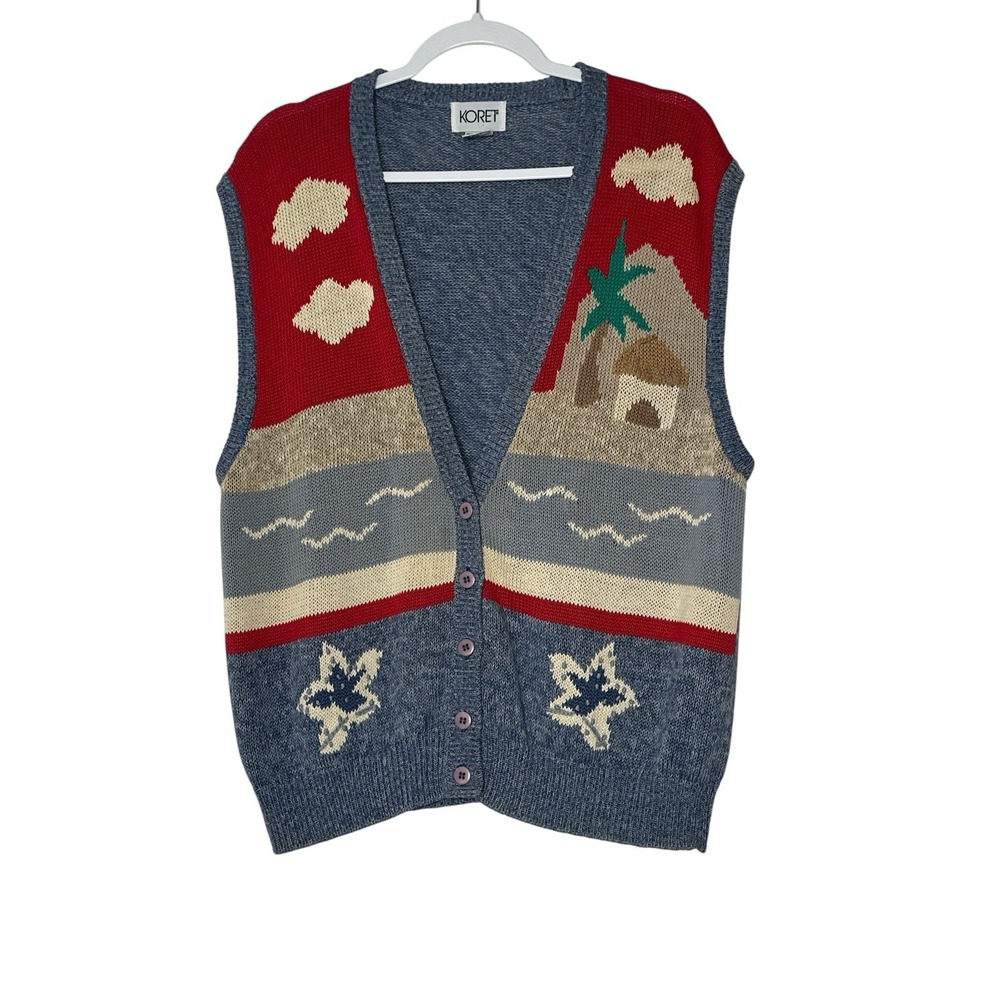 Vintage KORETโ Sweater Vest Women's Large Knit Ramie Cotton Y2K Beach Tropical